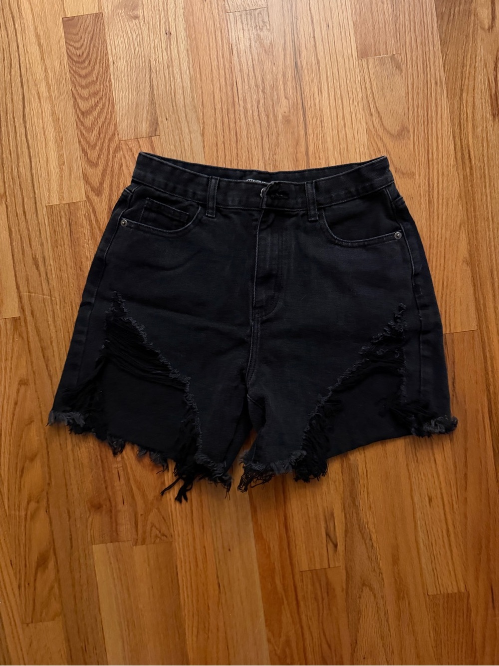 PrettyLittleThing Black Distressed High-Rise Denim Shorts